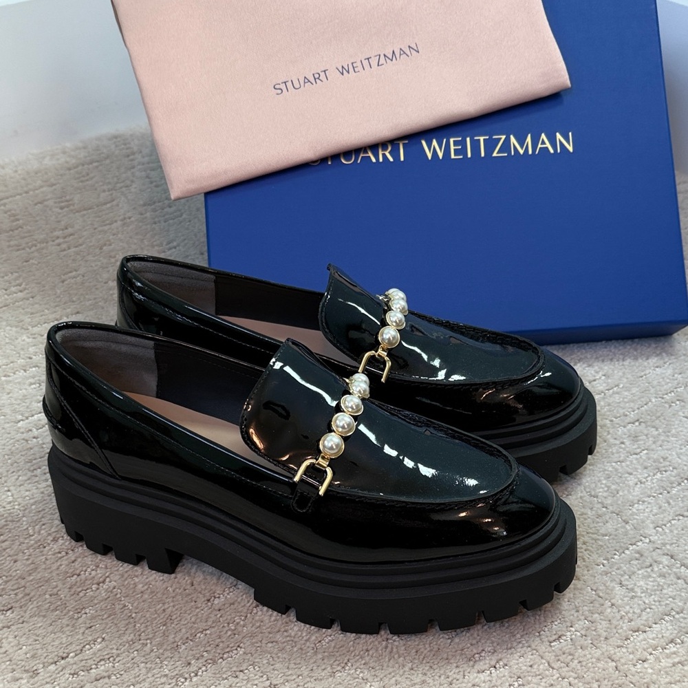 Stuart Weitzman Glossy Black Loafers with Pearl Accent